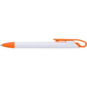 Plastic ballpen with a white barrel and coloured trim, blue ink. 